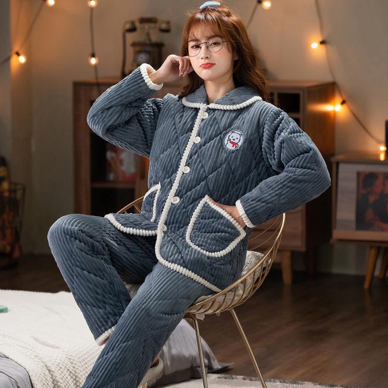 Pajamas women's three-layer thickened and cute winter can wear large-size warm padded loungewear
