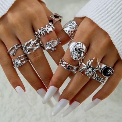 Accessories, Dark Alloy Skull, Dripping Oil, Retro Ring, Hip-hop Exaggerated Ring Set.
