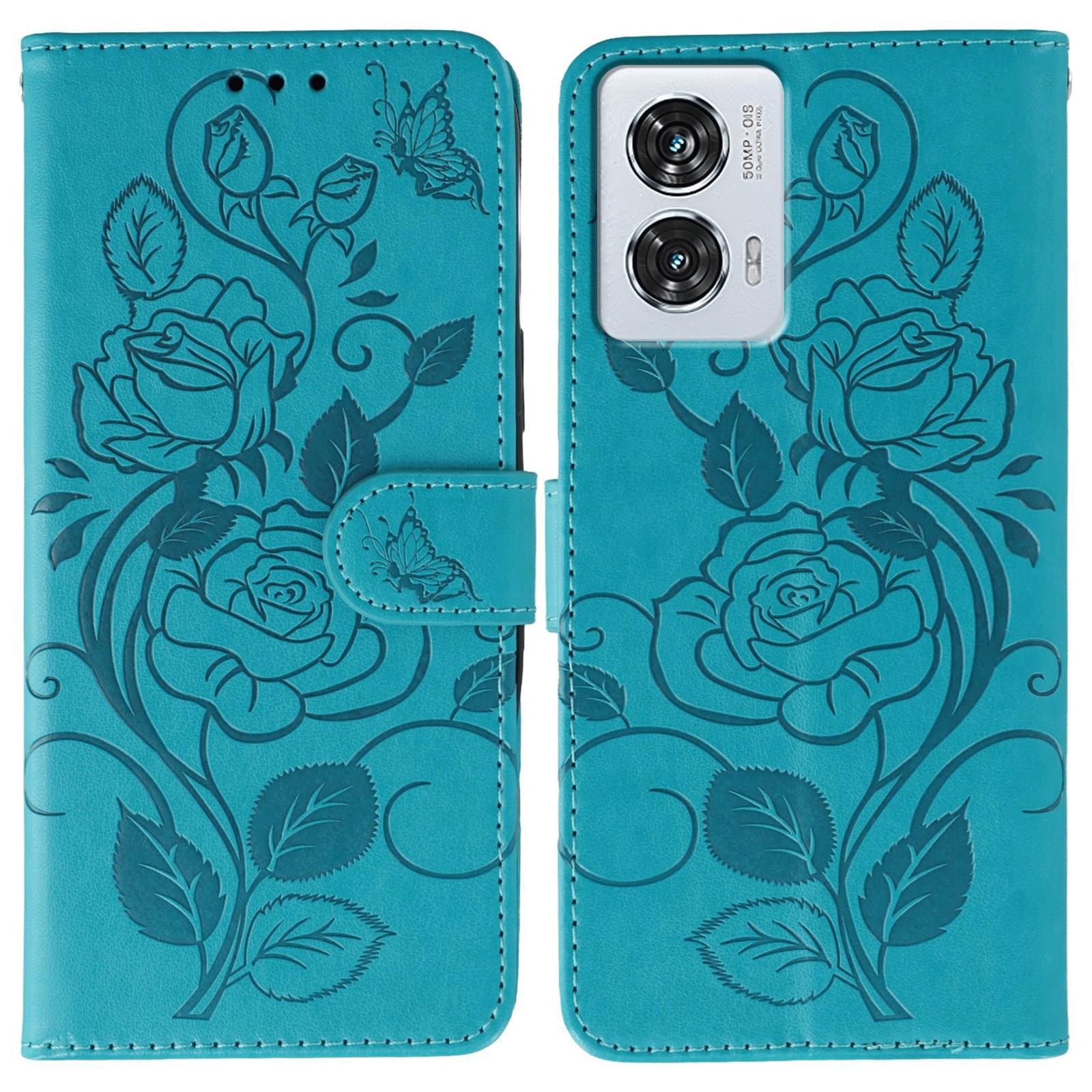 

For Motorola Edge 50 Fusion 5G Case Wallet Stand Imprinted Rose Butterfly PU Leather Phone Cover Blue