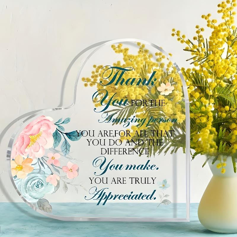 2D Flat, Heart-Shaped Acrylic Thank You Gift Desk Decor Plaque, Inspirational Message & Floral Thank You Card-like Design, Suitable for Wall Decoratio