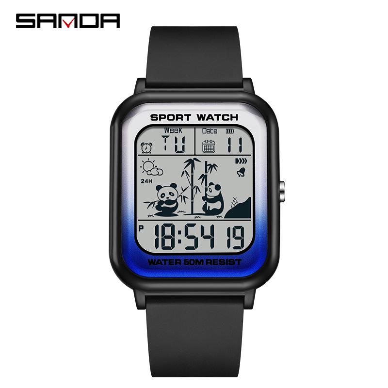 Sanda Student Panda Pattern Trendy Waterproof Electronic Square Watch for Men and Women