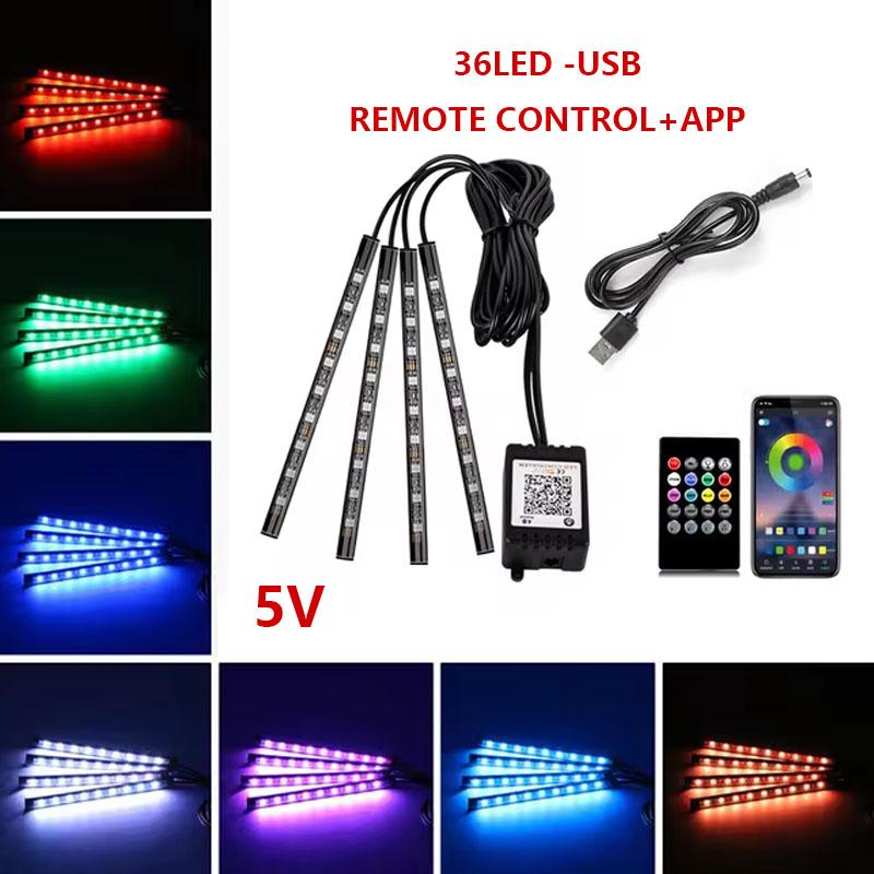 Neon 36LED Car Interior Ambient Foot Light Strip 4 in 1 with USB Wireless Remote Music APP Control Auto RGB Atmosphere Lamp