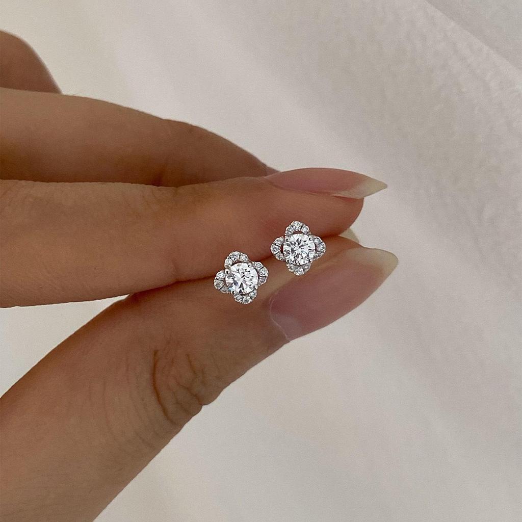 Orecchini a Bottone Viola Fiore in Argento Sterling Placcato Oro Bianco con Pietre di Zircone - Stile di Nicchia Chic Retrò di Alta Gamma