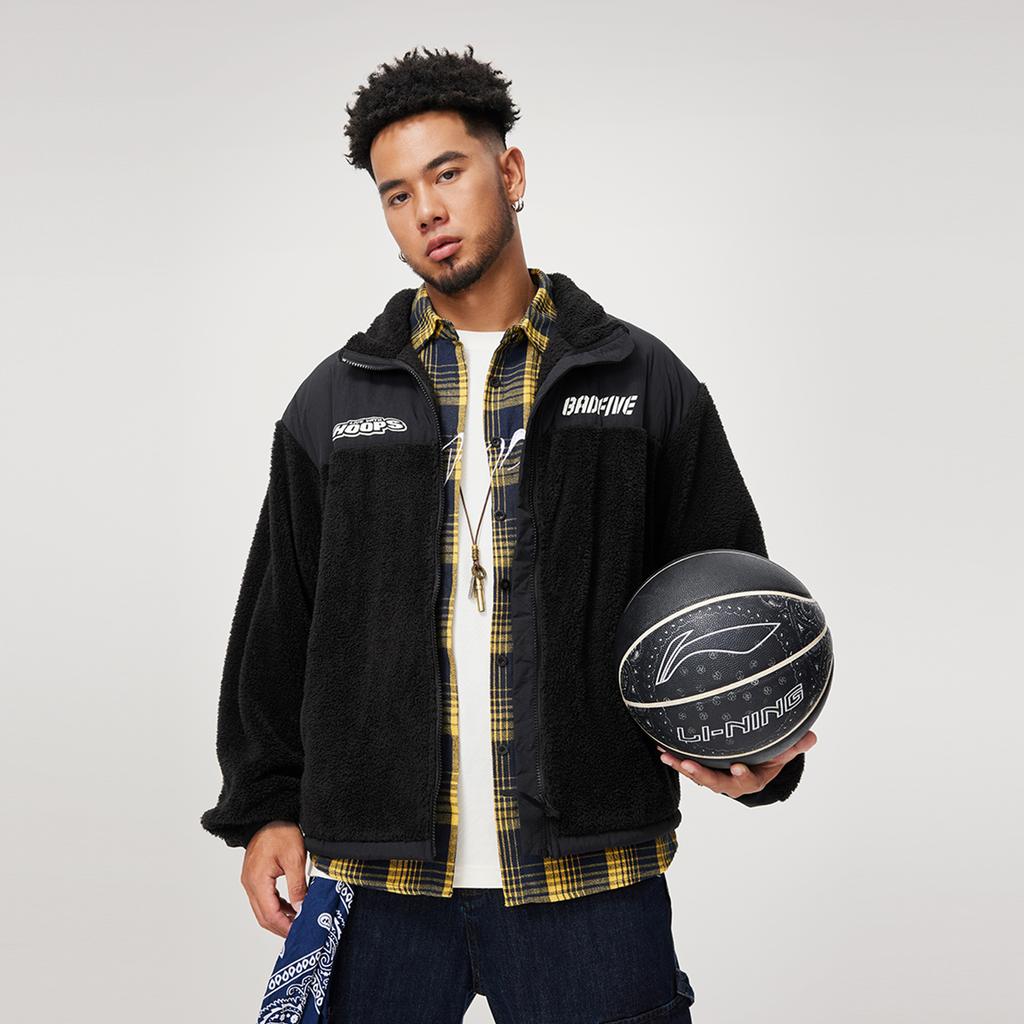 LiNing Comfortable Casual Letter Print Fleece Stand Collar Zipper Jacket Men jackets Black AFDU507-1