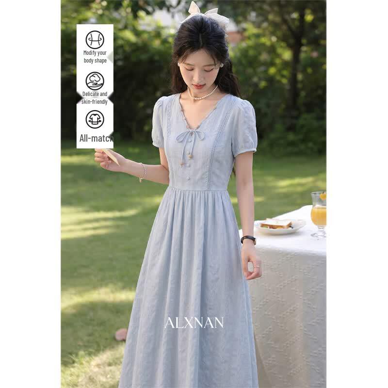 Elegant Blue French Style A-Line Summer Dress L