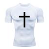 Men's Compression Workout Sports T-Shirt, Casual Black Cross Printed Quick Dry Breathable Short Sleeve Athletic Top for Gym Running Training Active We