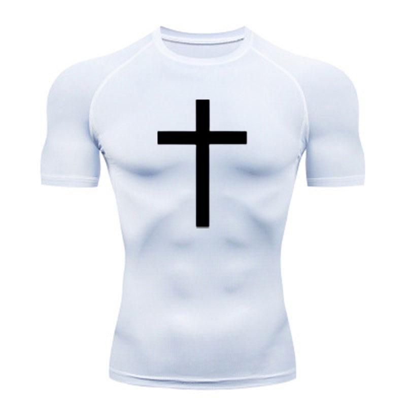 Men's Compression Workout Sports T-Shirt, Casual Black Cross Printed Quick Dry Breathable Short Sleeve Athletic Top for Gym Running Training Active We
