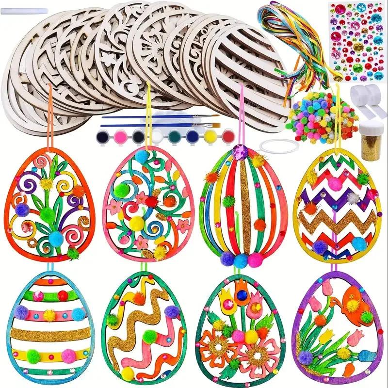 Painting Kit DIY 3D Easter Eggs Children Wooden Craft Creative Art Set Educational Activity Holiday Project Decor Making