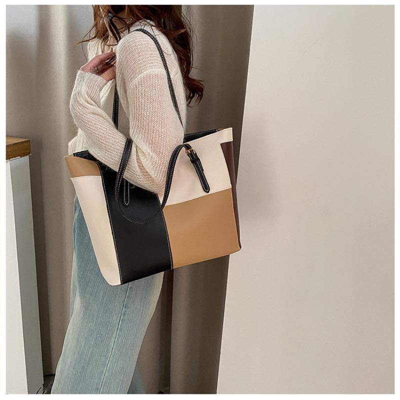 Korean Style Color Blocking Large Capacity Tote Bag Trendy Fashion Shoulder Handbag Casual Shopping Bag for Women CLE