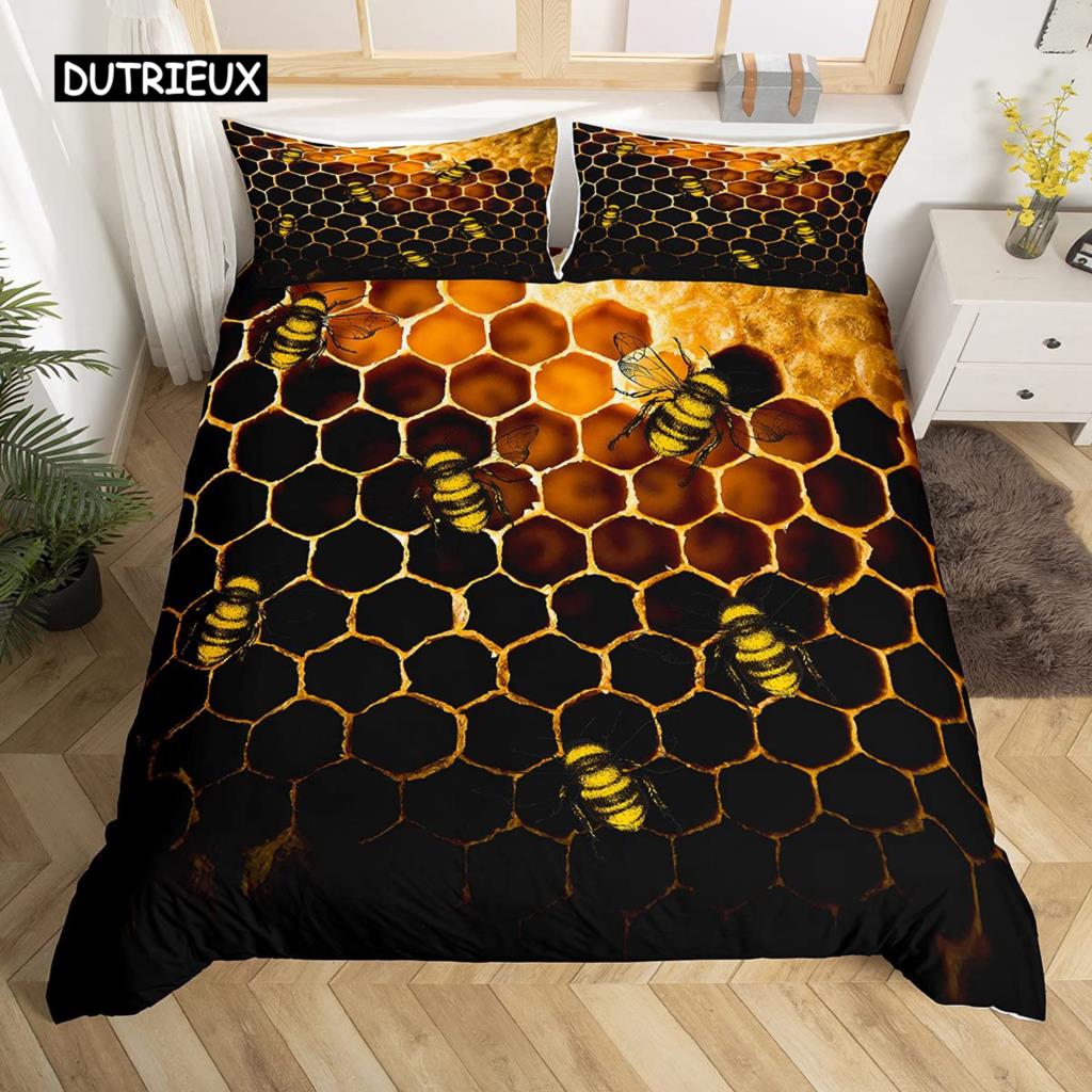 Honeycomb Duvet Cover Set Queen Size Geometry Hexagon Theme with Pink Blue Neon Lights Chic Comforter Cover for Boys Teen Man