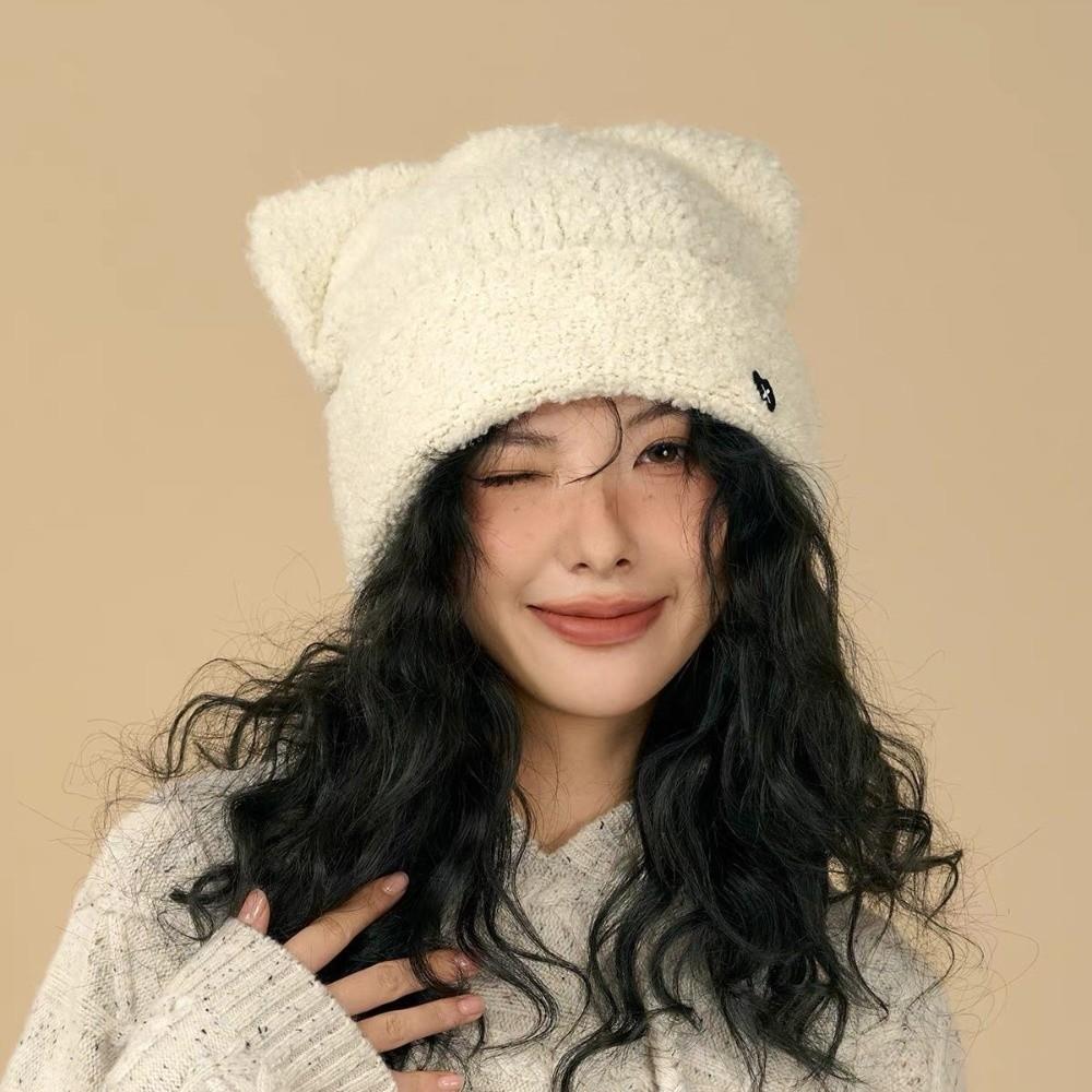 Comfortable Plush Beanie Hat Polyester Warm Knit Cap Ins Style Cat Ear Hat Women