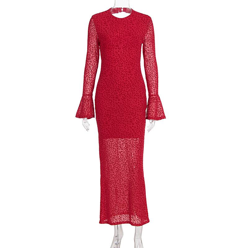 Women European Style Lace Round Neck Backless Slim Fit Formal Party Long Dress