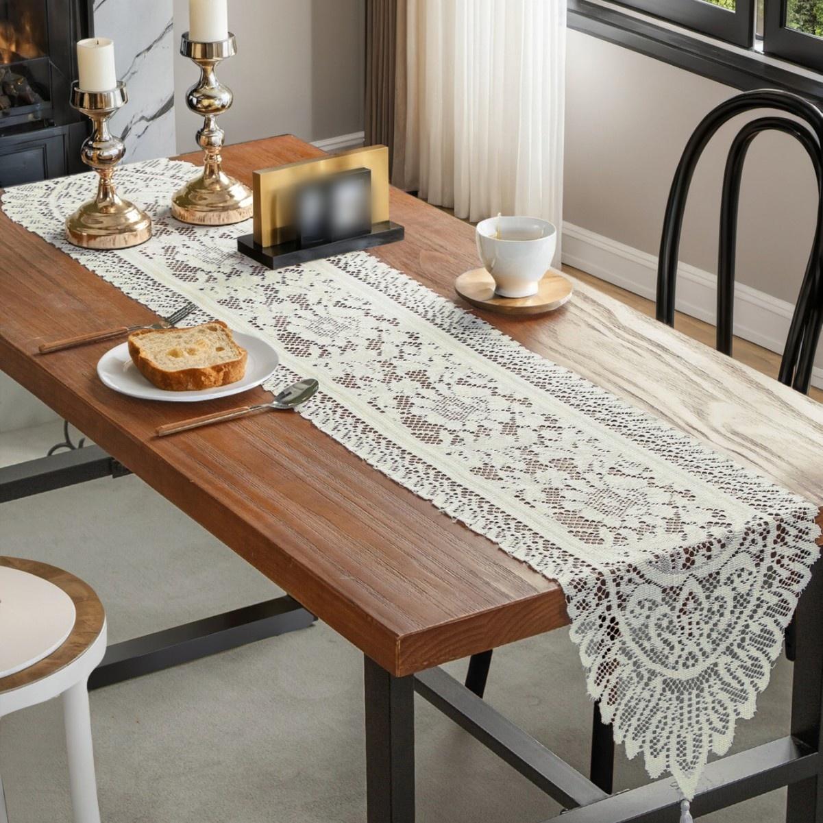 

1PC Retro Polyester Fiber Lace Mesh Dining Mat Suitable For Home Decoration Such As Dining Tables, One Piece Set 33x91cm бежевый