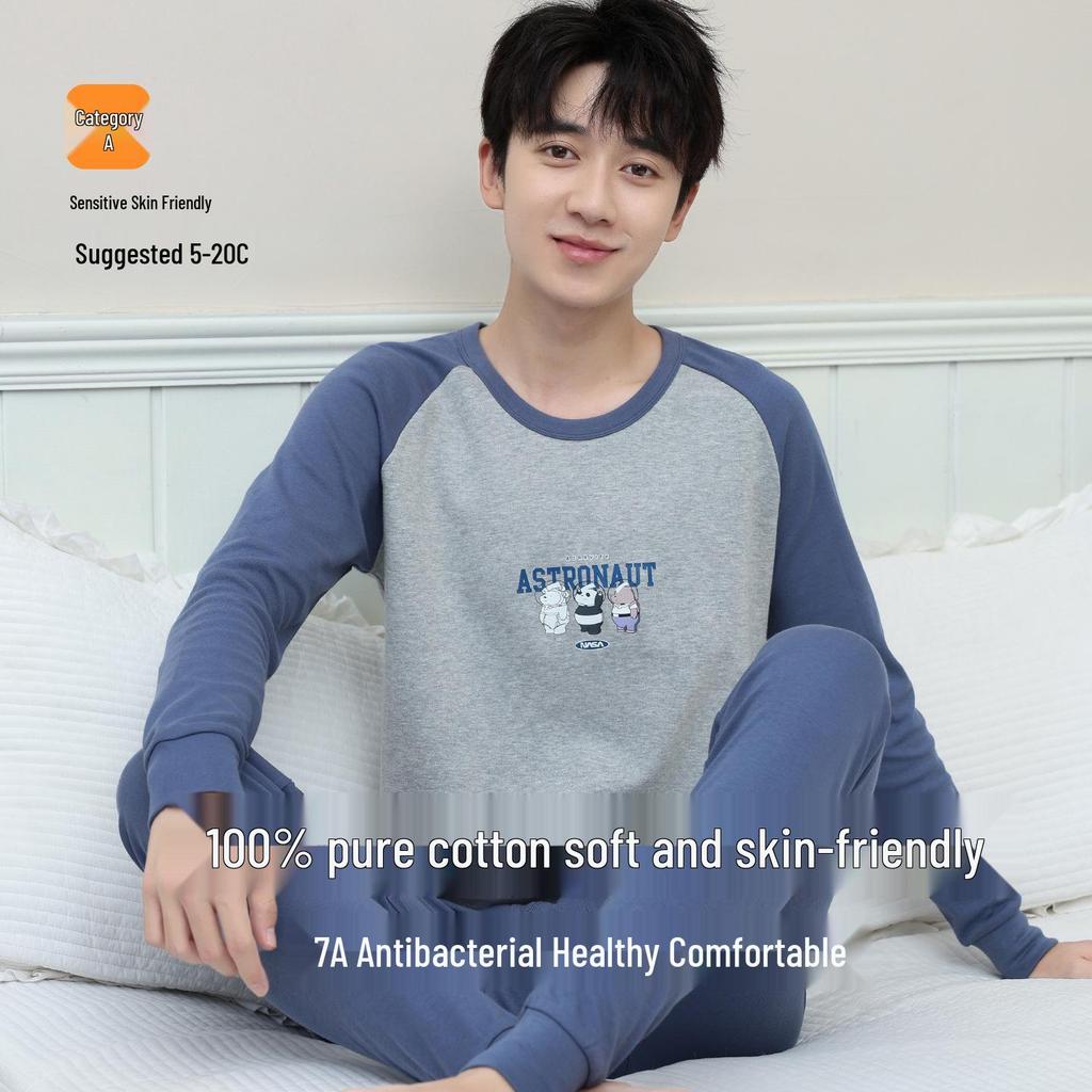 Teenagers' All-Cotton Antibacterial Autumn Homewear Set: Warm Underwear & Trousers for Middle and Big Kids