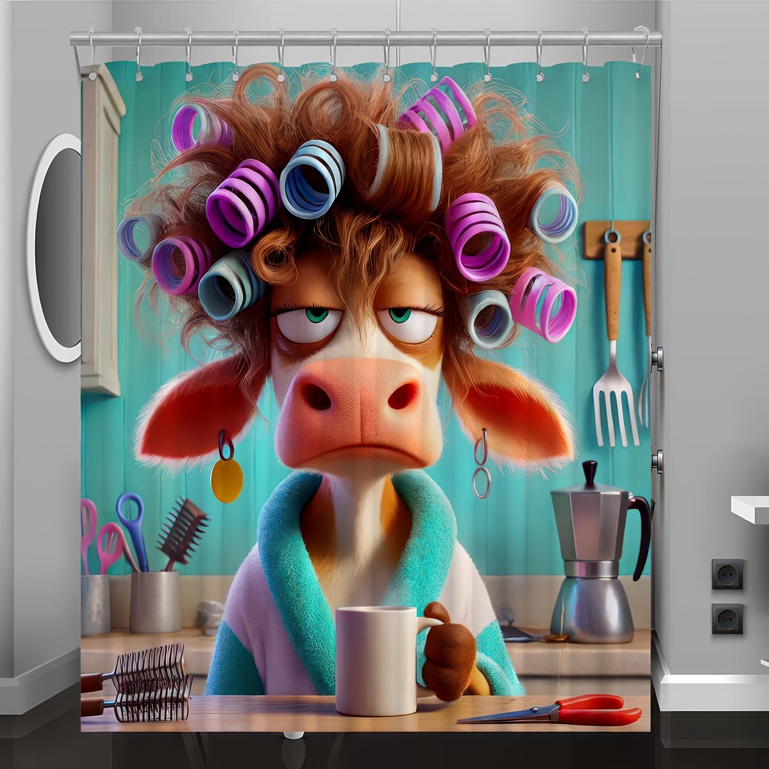 

1Pc Cartoon Fried Hair Cow Pattern Digital Print Shower Curtain, Bathroom Home Decor With Free Hooks, Machine Washable W60H190(CM)-1 Pcs