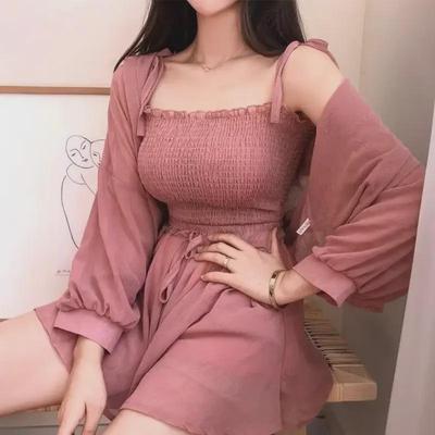 Women's 2024 Summer French Chiffon Suit: Solid Color Suspender Cardigan & Slim Top with Wide-Leg Shorts