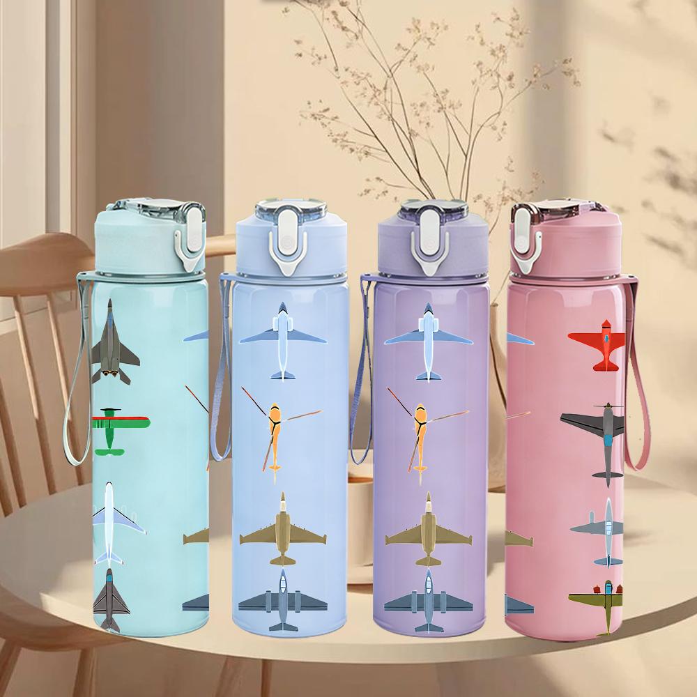 1PC Multiple Airplane Silhouette Set 750ml Color Plastic Water Bottle Leakproof Flip Straw Lid For Sports Office Home Use