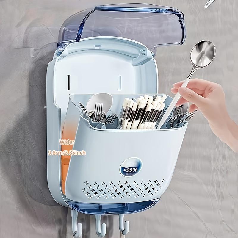 Wall-Mounted Draining Chopstick Holder with Three Compartments Designed with Breathable Holes And Hooks for Cutlery Storage