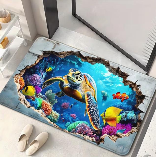 Phantom Pond Turtle Door Mat Turtle and Fish Patterns Indoor and Bathroom Living Room Bedroom Entrance Natural Rock Decoration