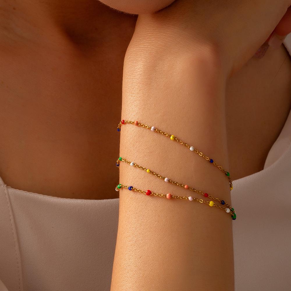 Multicolor Drip Round Bead Gold Layered Bracelet Necklace Set - Ethnic Style Titanium Steel Jewelry.