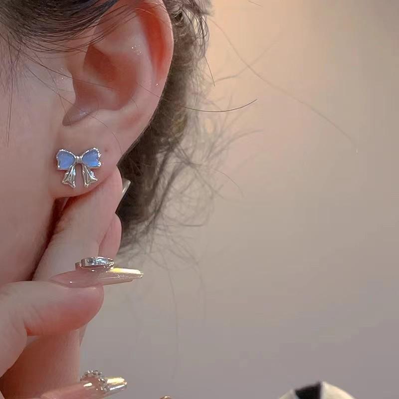 Mini Blaue Katzenaugenstein Schleife Ohrstecker für Damen - 2025 Trendiges Modeaccessoire
