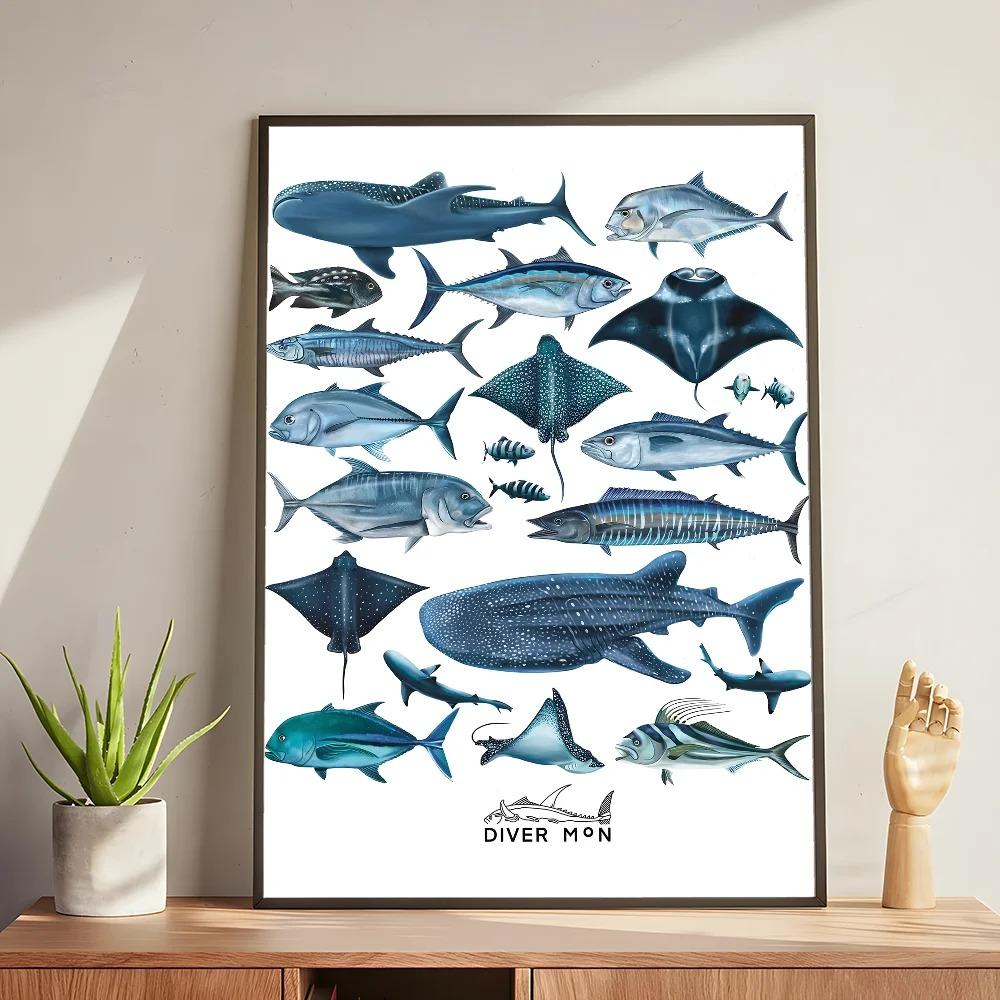 Whale and Shark Seashells Turtles Octopus Fish Marine Life Ocean Animals Poster and Print Canvas Painting  Wall Art Home Living Room