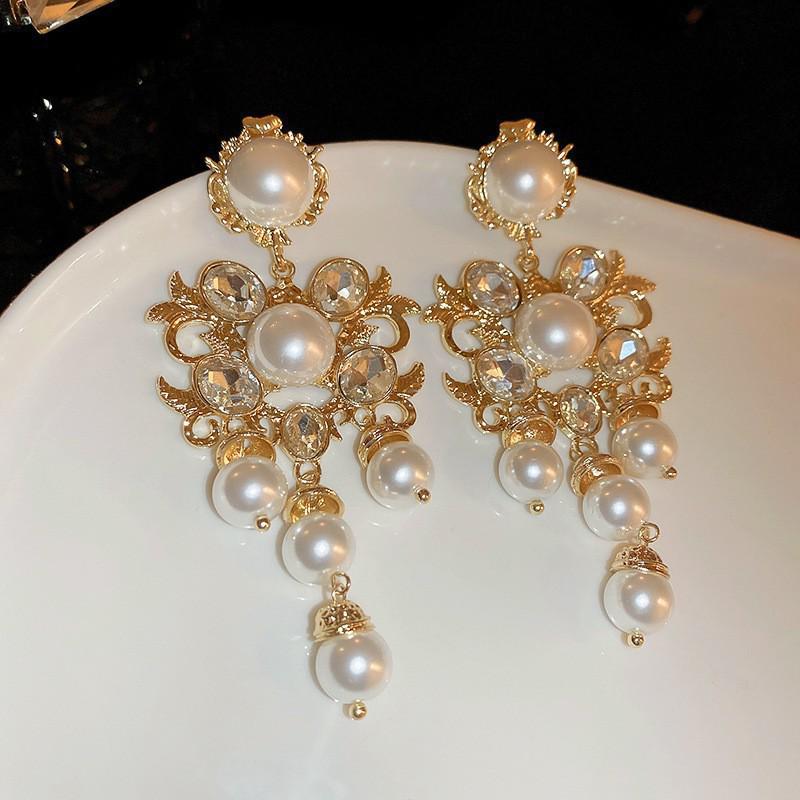 Pendientes de Carrillón de Viento de Perla y Cristal de Aguja Plateada Vintage