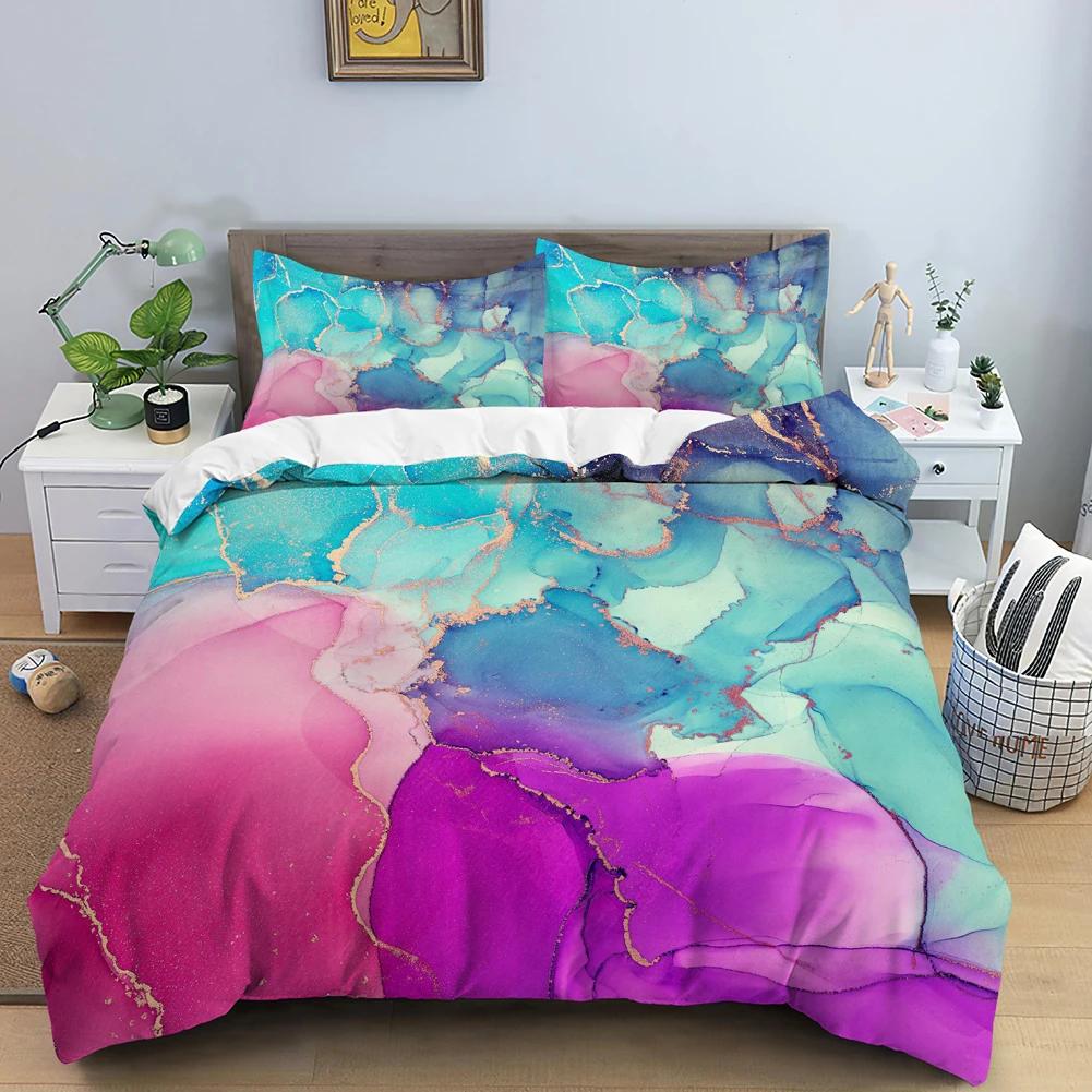 Chic Watercolour Marble Teal Blue Marble Duvet Cover Women Girl Gift Gold Fluid Stone Abstract Art Watercolor Bedspread Cover