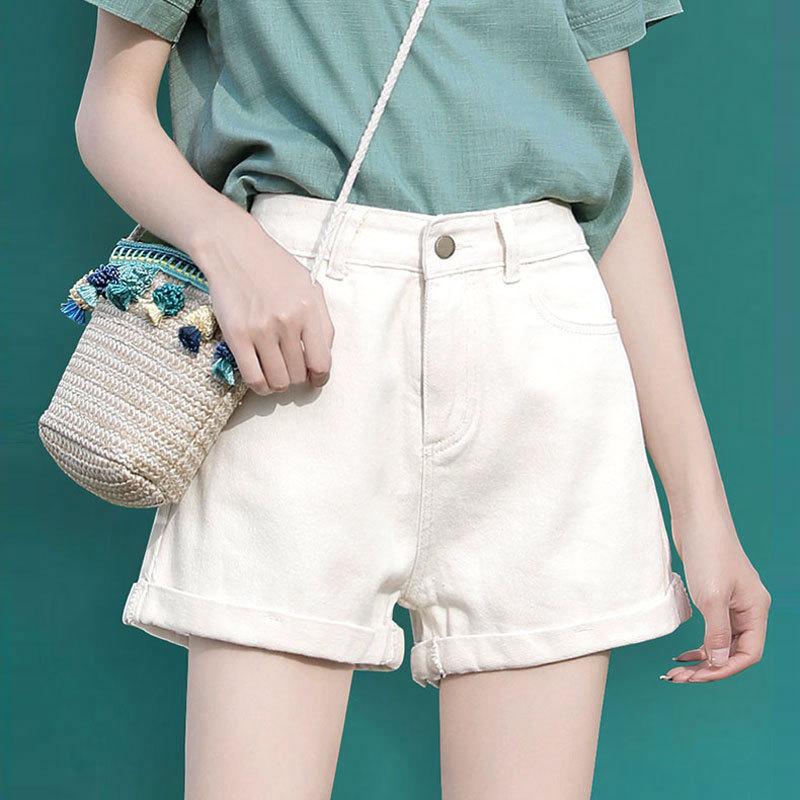 Rolled Denim Shorts Women's Fashion A-line High Waist Casual Loose Wide Leg Shorts