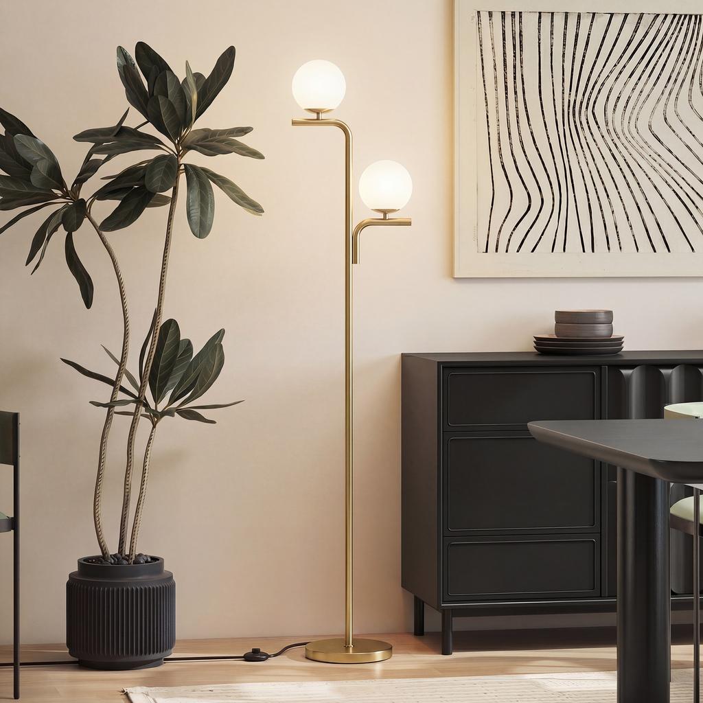 LED Floor Lamp, Modern Lamp with 3 Color Temperatures, Glass Globe Shades and Foot Switch, Gold
