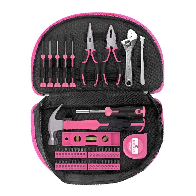 Set de 63 herramientas manuales para reparación del hogar, kit rosa multifuncional para mujeres