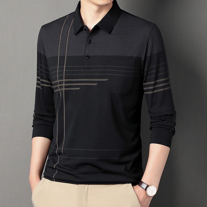 Men S Long Sleeve Striped Polo Shirt Casual Middle Age Dad Style