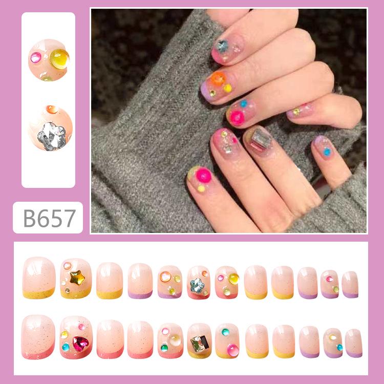 

B657 Милые Короткие Ногти с Сердечками Любви - Броские Цвета и Дизайн с Бриллиантовыми Звездами B657-Cute Colorful Diamond [Glue-on]