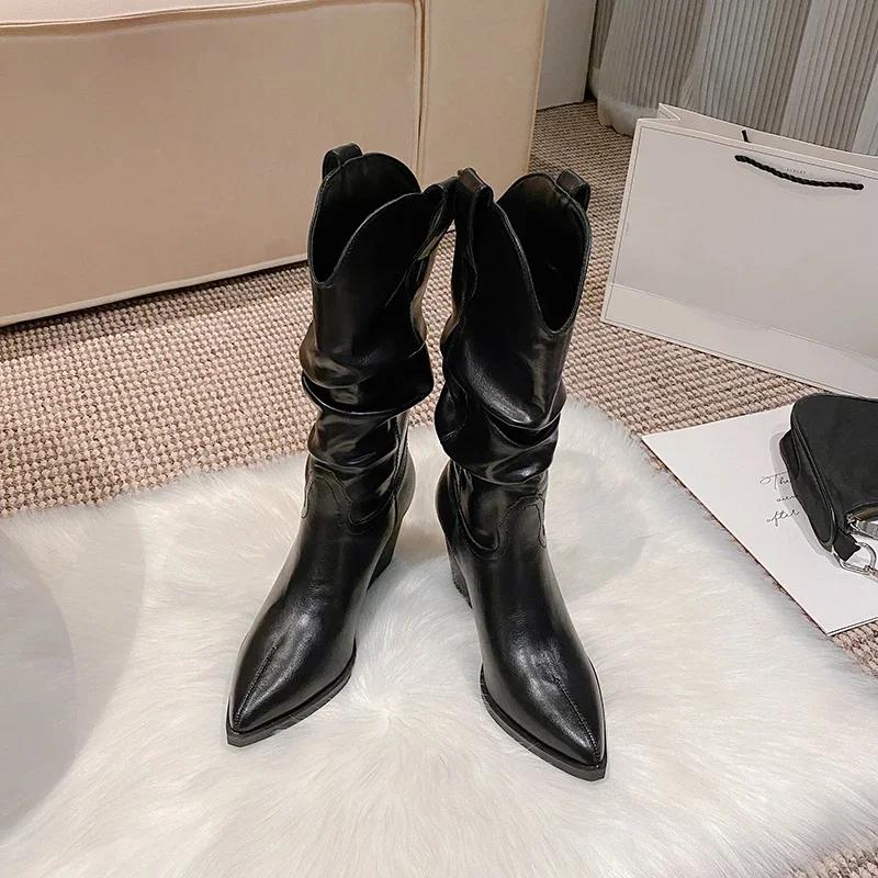 

Черные женские высокие сапоги, модные элегантные туфли с острым носком, женские сапоги-ковбойши на квадратном каблуке в стиле вестерн 42