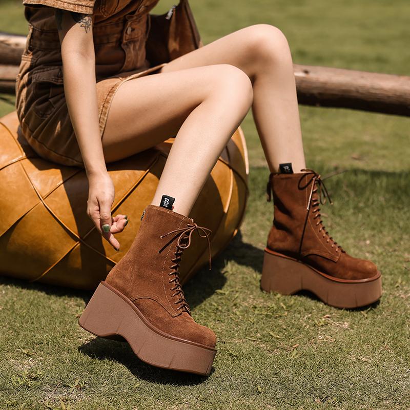 Fashion 2024 New Autumn Women Boots Cow Suede Shoes for Women Round Toe Lace Up Casual Platform Boots Increase Height Ladies Shoes