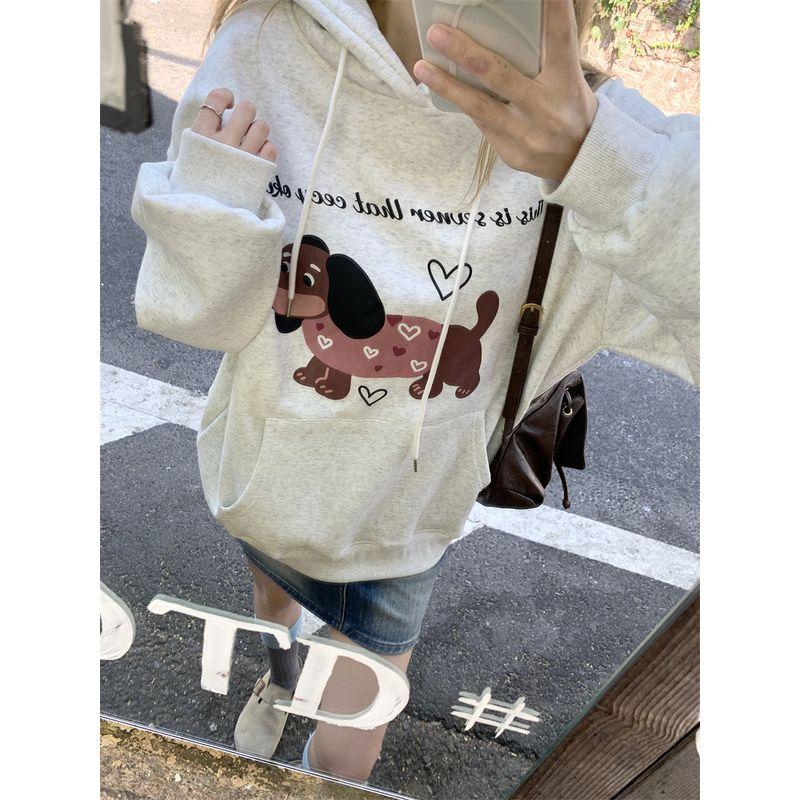 Kumikumi Idle Style Puppy Printed Loose Hooded Sweatshirt Women Fall Minority All-Match Loose Slim Looking