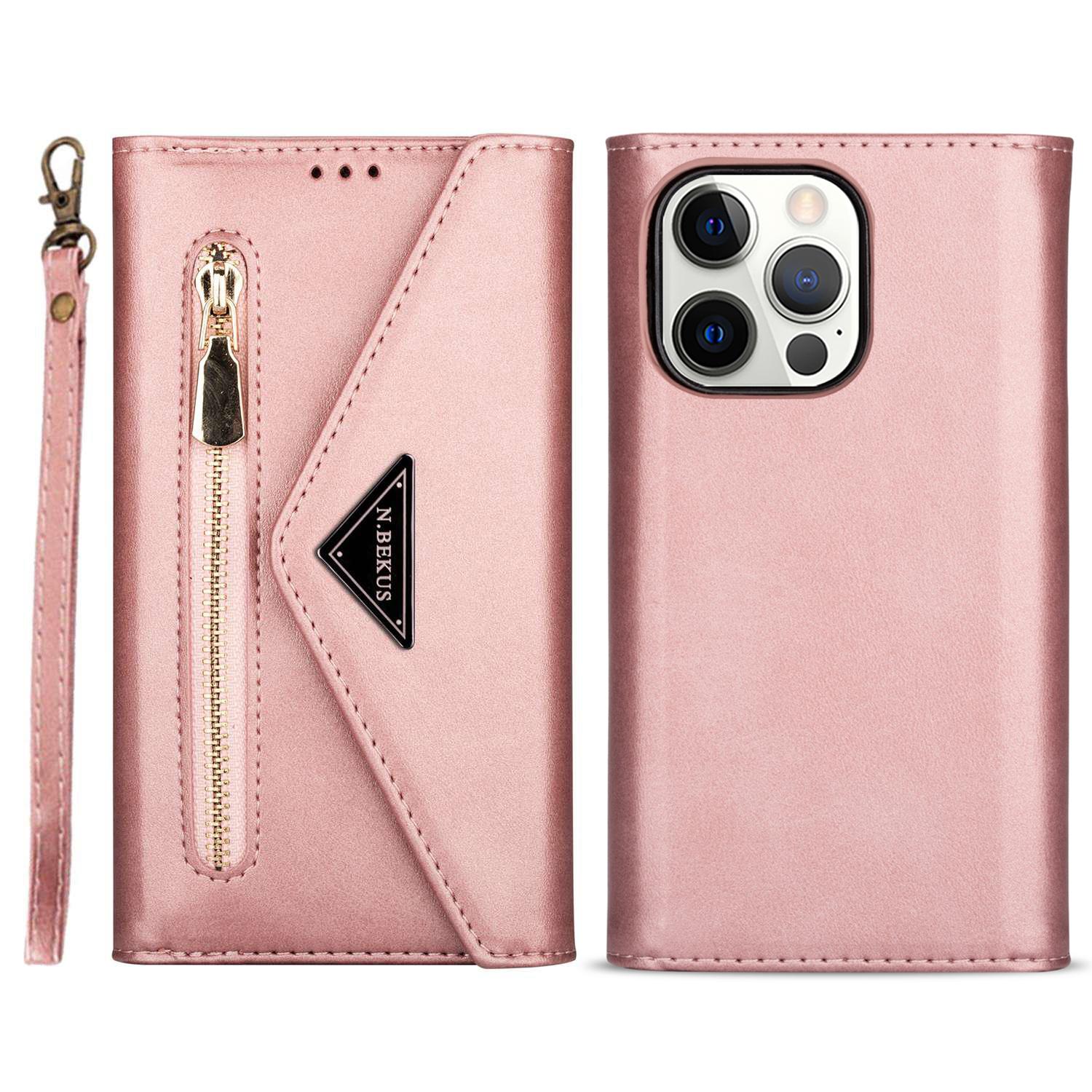 

N.BEKUS For iPhone 16 Pro Cases Skin-Touch Leather Wallet Phone Cover with Straps Rose Gold