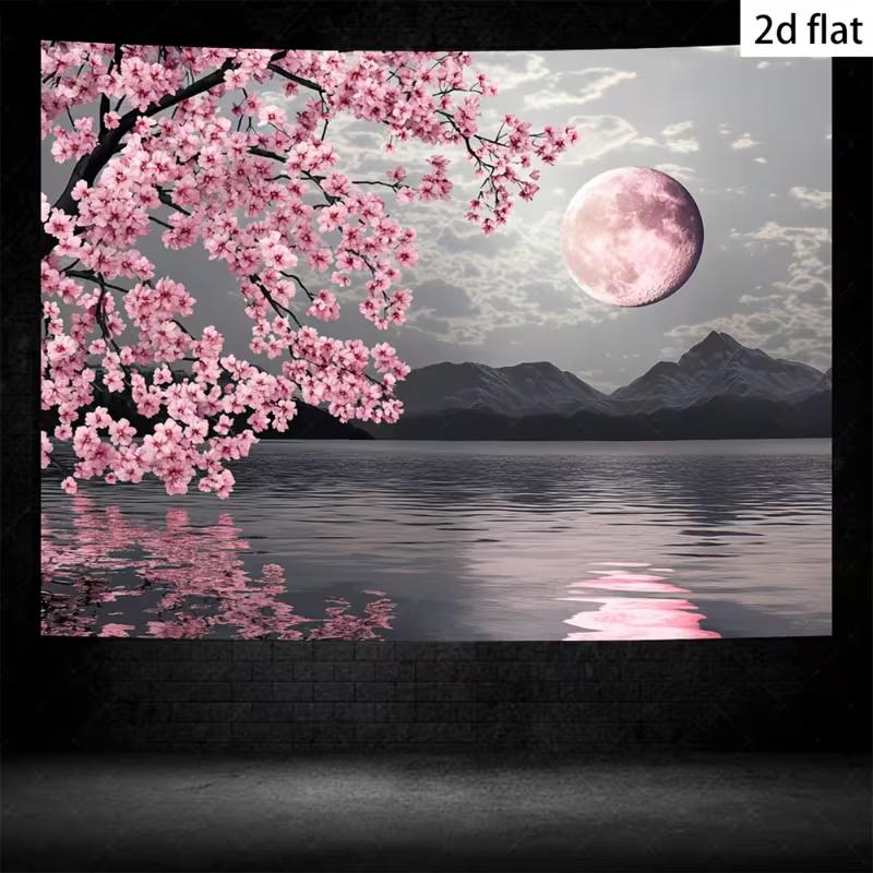 2D Cherry Blossom Full Moon Backdrop Lake Mountain Background