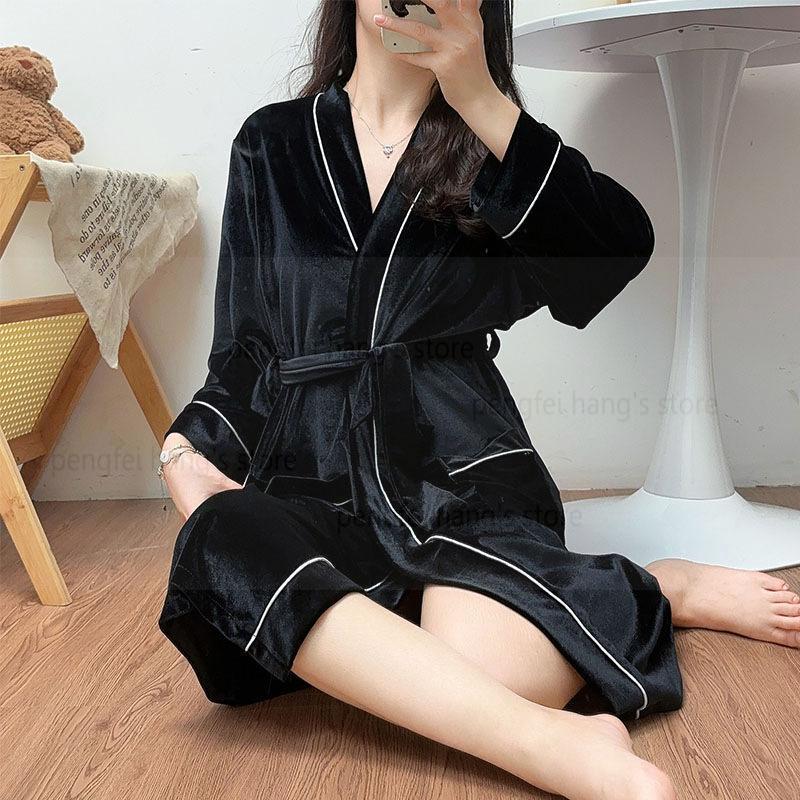 Robe Cămașă de noapte din catifea Haine de acasă pentru femei cu buzunare Vestă de toamnă și iarnă cu mânecă lungă rochie de halat de baie kimono