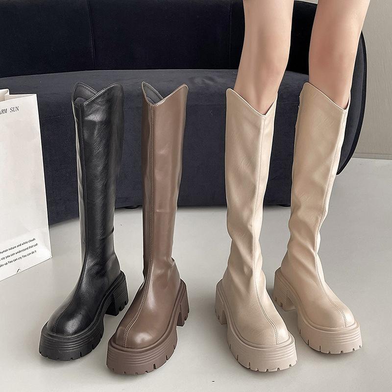 Fashion Versatile Thick-soled Fashion Boots Women's Skinny Boots High Heels Muffin Bottom Round Head Thick Heel Boots Women's Knight Boots