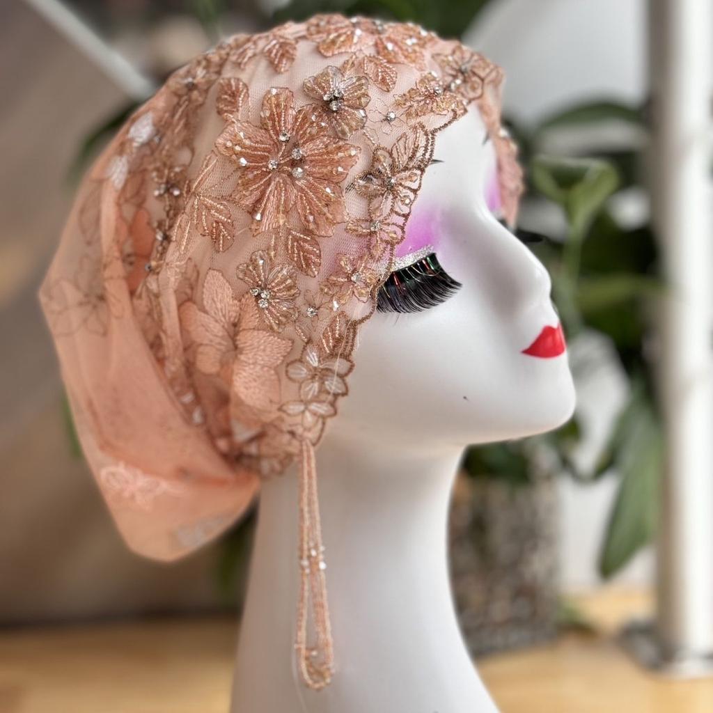 Heavy Industry Double-Layer Embroidery Turban Thin Fashion Scarf Tassel Lace Hat Handmade