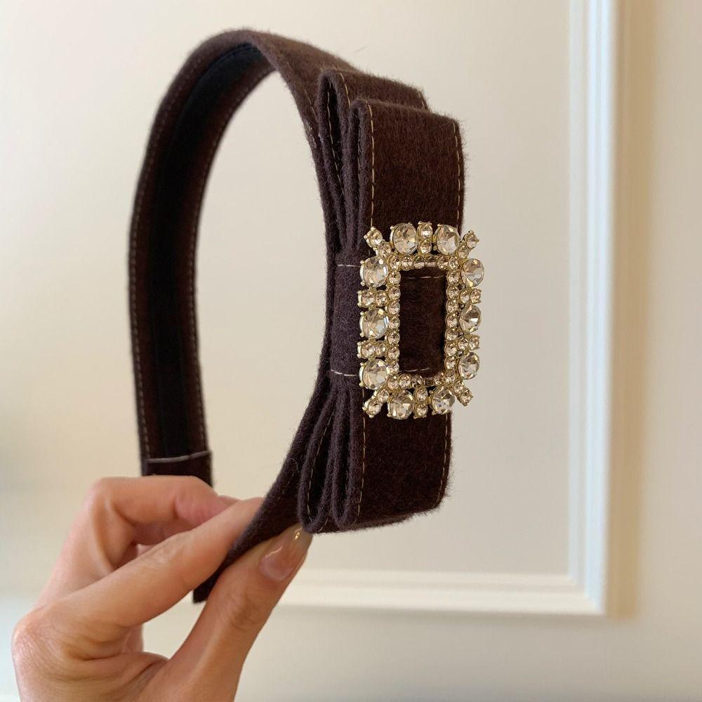 Korean Style Rhinestone Bow Headband Vintage Flocking Hair Hoop Wide Edge Hairband  Lady