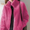Jesienny zimowy damski kardigan dwustronny futrzany pluszowy zamek błyskawiczny ściągacz stójka długie rękawy pogrubiony jednolity kolor koralowy polar dzianinowa kurtka