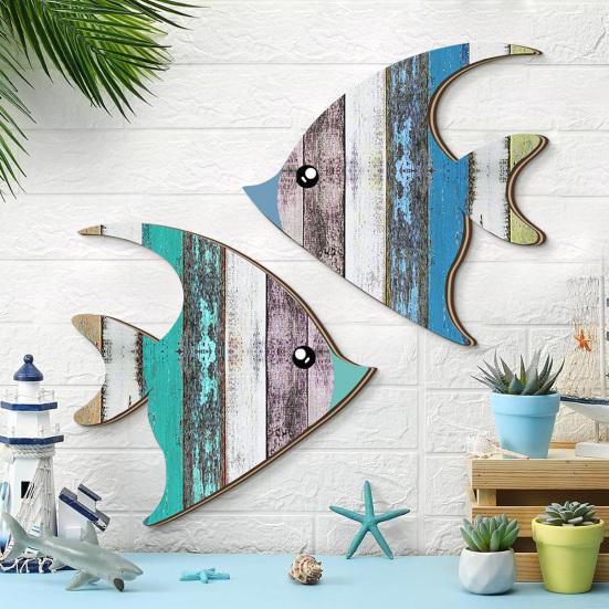 2Pcs/Set Wooden Fish Wall Decor Coastal Fish Wall Art Decorations Rustic Seaside Fish Wood Artistic Panel for Home Bathroom Beach House