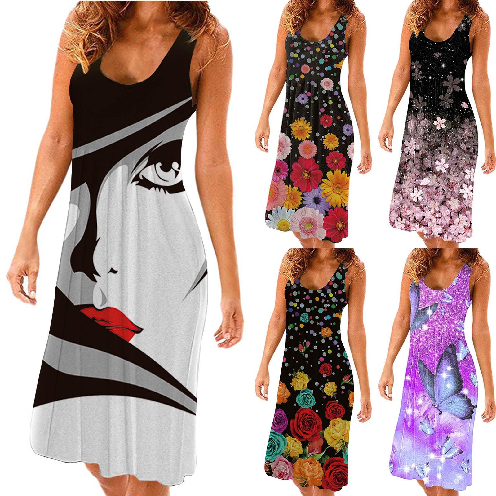 

Женское модное пуловерное платье без рукавов с круглым вырезом и принтом