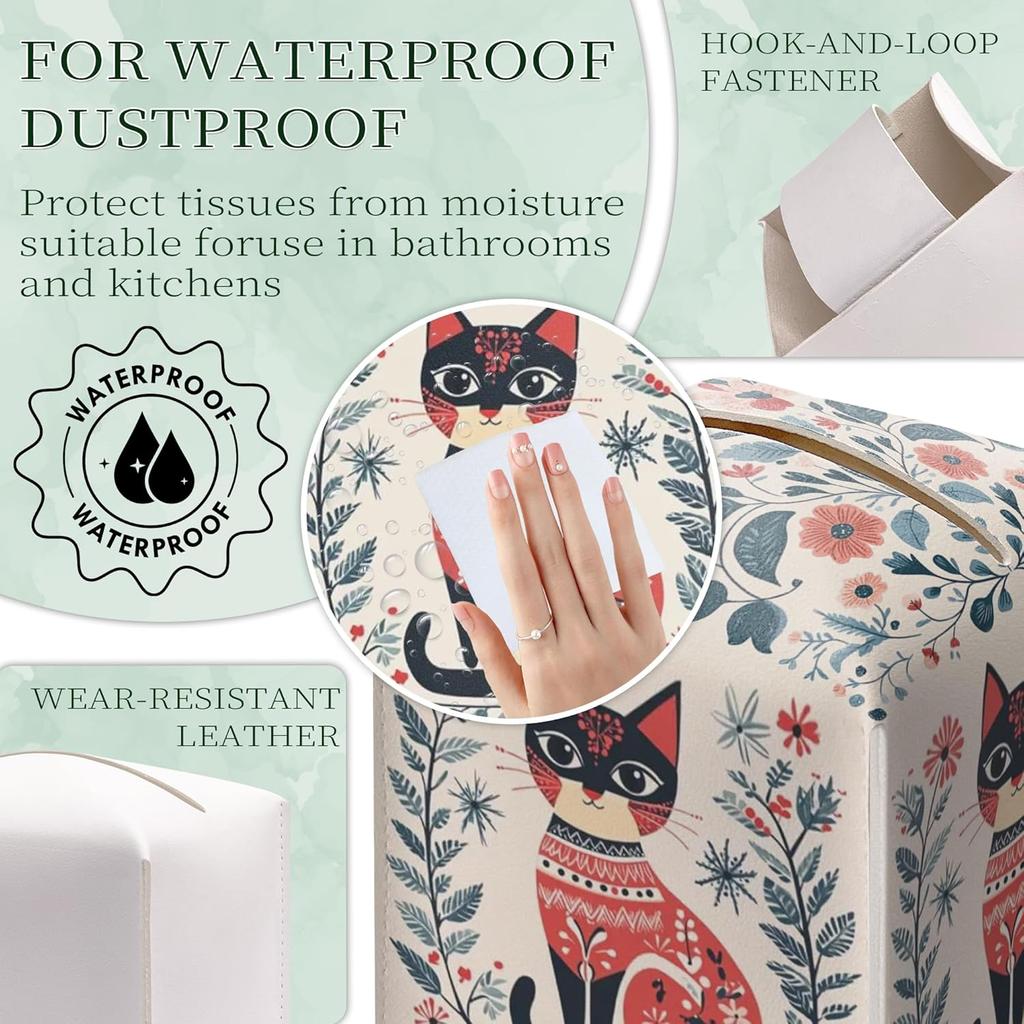 Cat Tissue Box Holder, Nordic Cat Leather Tissue Box Cover Square, Paper Napk Everyday Dispenser Accessories for Bathroom Vanity Countertop Night