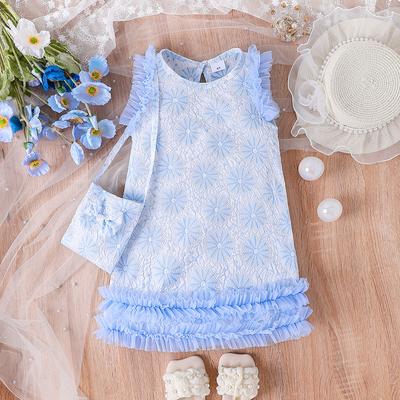 Kinder Prinzessinnenkleid Sommer Mädchen Mesh Ärmel Kuchenkleid + Umhängetasche