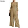 Women Casual V-Neck Long Sleeve Loose Wide Leg Jumpsuits
