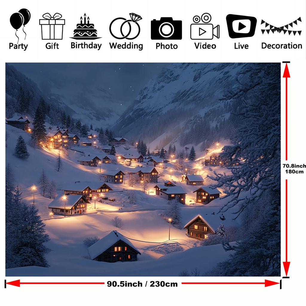 One winter wonderland polyester banner - Snow scene of the French Alps village suitable for birthdaysZL