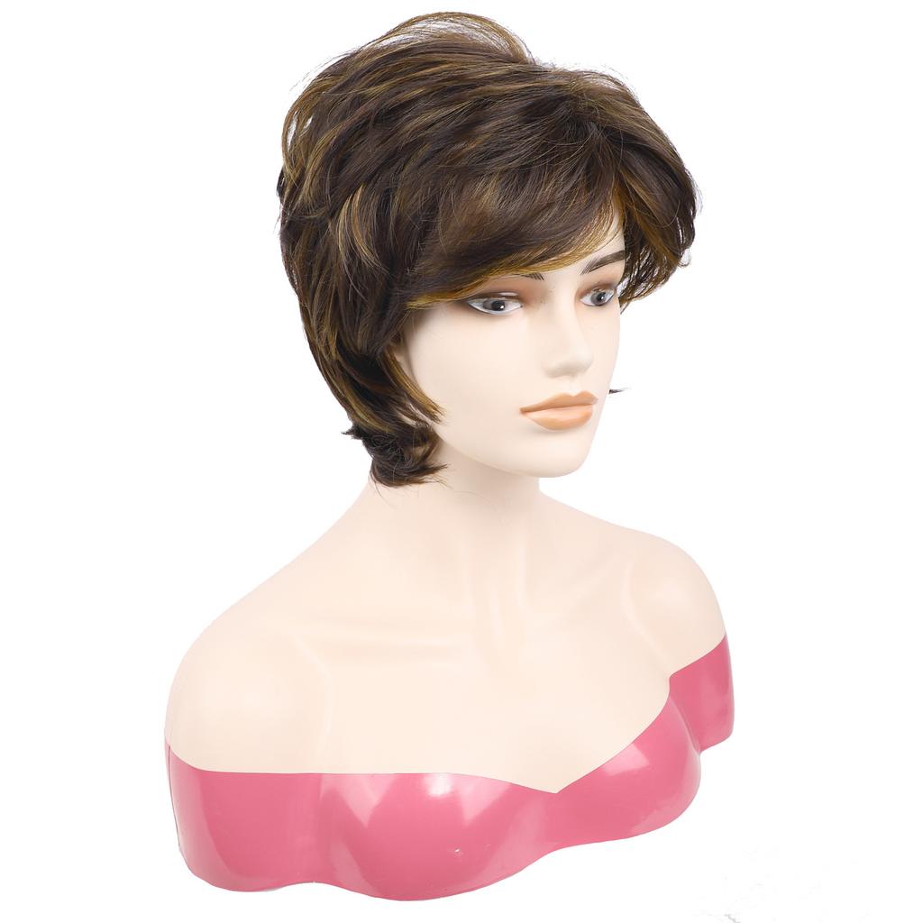Women Synthetic Short Golden Brown Hair with Bangs Natural Wave Layered Wigs For Daily Cosplay Heat Resistant Fiber